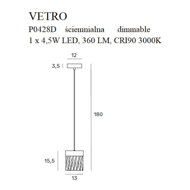 4.5W Hanging LED lamp VETRO, 3000K, DIMM, Triac, Gold, P0428D