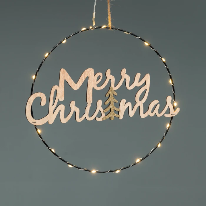 Hanging LED decoration MERRY CHRISTMAS, 3000K, IP20, ⌀26cmx30cm, 2xCR2032