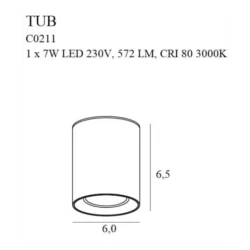 7W Lubinis šviestuvas TUB, 3000K, Juodas, C0211