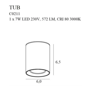 7W Lubinis šviestuvas TUB, 3000K, Juodas, C0211